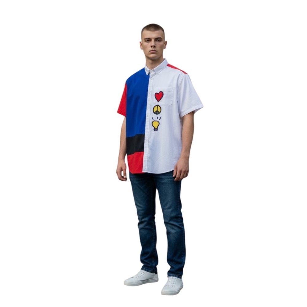 NWT Bass by Ron Bass Colorblock Men's Pockets Button Down White Shirt Peace Love